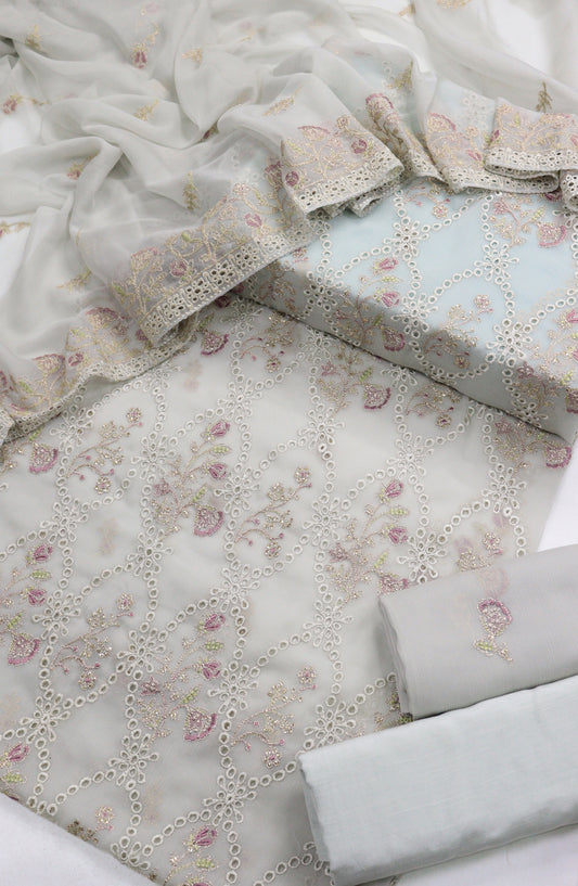 Amna Khadija Embroidered Chiffon Unstitched 3 Piece Suit - Design-02 - AM25LXC - Blue - Luxury Collection