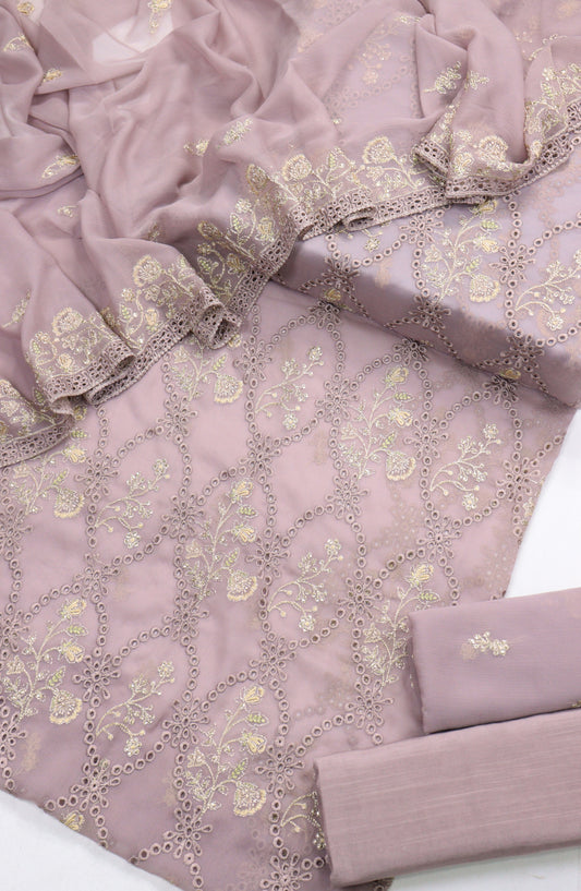 Amna Khadija Embroidered Chiffon Unstitched 3 Piece Suit - Design-01 - AM25LXC - Pink - Luxury Collection