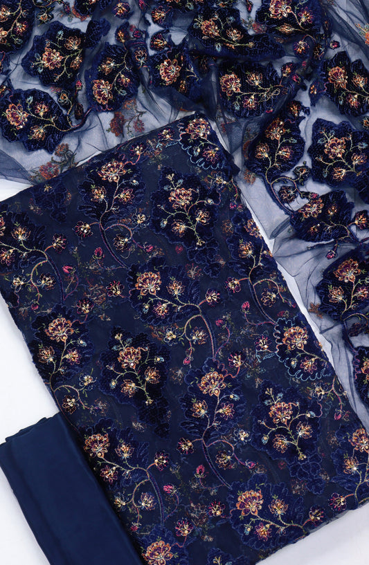 Amna Khadija Embroidered Net Velvet Unstitched 3 Piece Suit - Design-05 - AM25NTV - Blue - Winter Collection