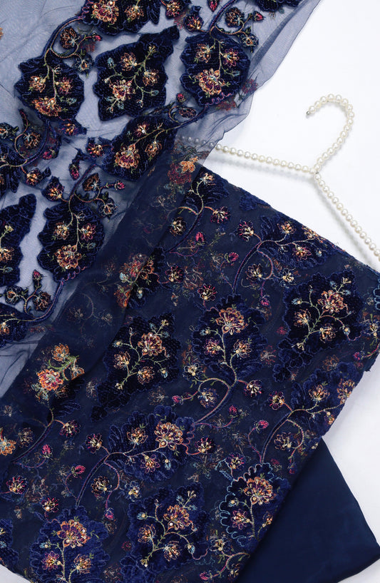 Amna Khadija Embroidered Net Velvet Unstitched 3 Piece Suit - Design-05 - AM25NTV - Blue - Winter Collection