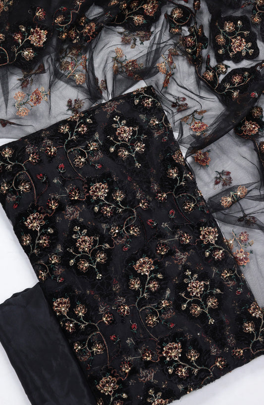 Amna Khadija Embroidered Net Velvet Unstitched 3 Piece Suit - Design-04 - AM25NTV - Black - Winter Collection