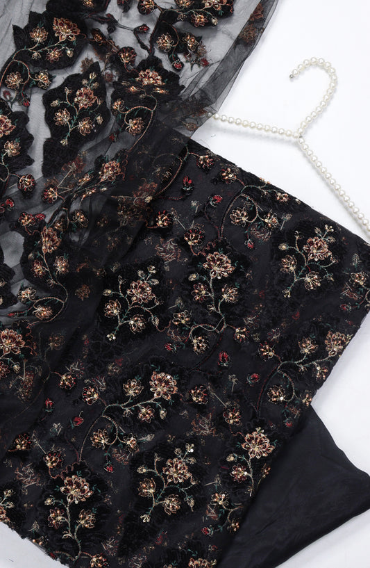 Amna Khadija Embroidered Net Velvet Unstitched 3 Piece Suit - Design-04 - AM25NTV - Black - Winter Collection
