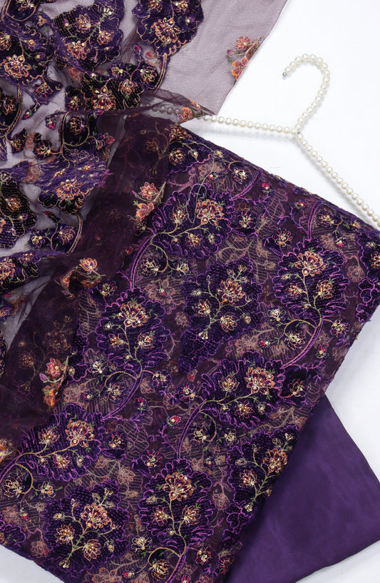 Amna Khadija Embroidered Net Velvet Unstitched 3 Piece Suit - Design-03 - AM25NTV - Purple - Winter Collection
