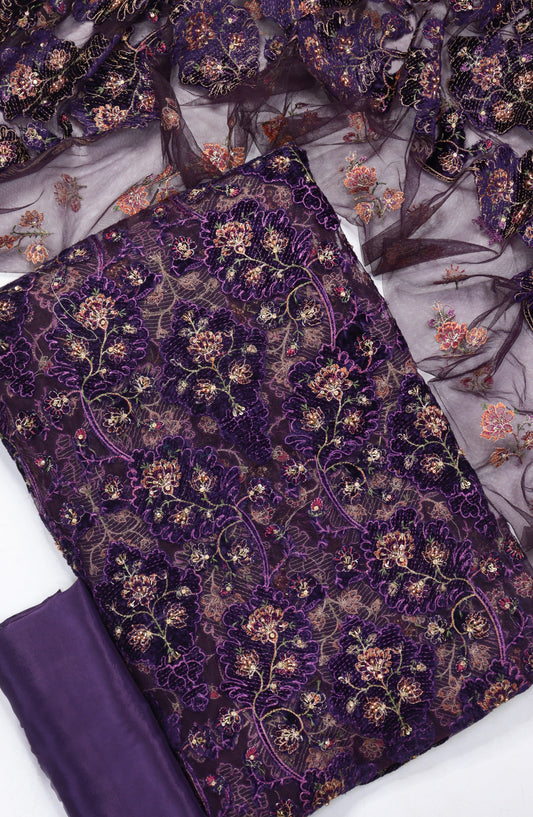 Amna Khadija Embroidered Net Velvet Unstitched 3 Piece Suit - Design-03 - AM25NTV - Purple - Winter Collection