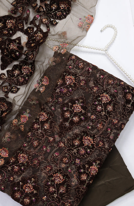Amna Khadija Embroidered Net Velvet Unstitched 3 Piece Suit - Design-02 - AM25NTV - Brown - Winter Collection