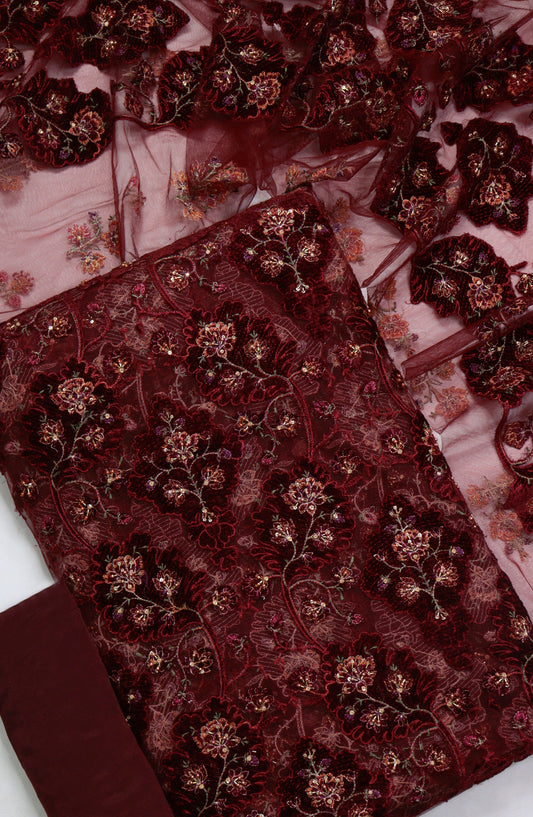 Amna Khadija Embroidered Net Velvet Unstitched 3 Piece Suit - Design-01 - AM25NTV - Maroon - Winter Collection