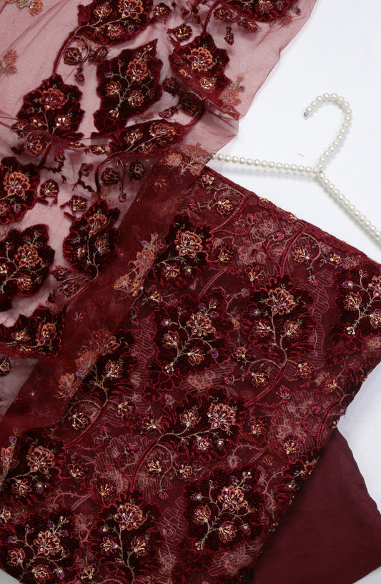 Amna Khadija Embroidered Net Velvet Unstitched 3 Piece Suit - Design-01 - AM25NTV - Maroon - Winter Collection