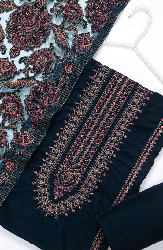 Amna Khadija Embroidered Net Velvet Unstitched 3 Piece Suit - Design-11 - AM25NTV - Teal - Winter Collection