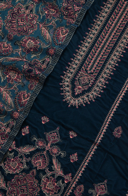 Amna Khadija Embroidered Net Velvet Unstitched 3 Piece Suit - Design-11 - AM25NTV - Teal - Winter Collection