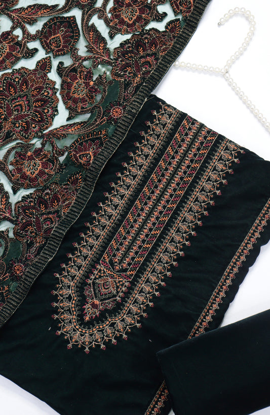 Amna Khadija Embroidered Net Velvet Unstitched 3 Piece Suit - Design-10 - AM25NTV - Green - Winter Collection
