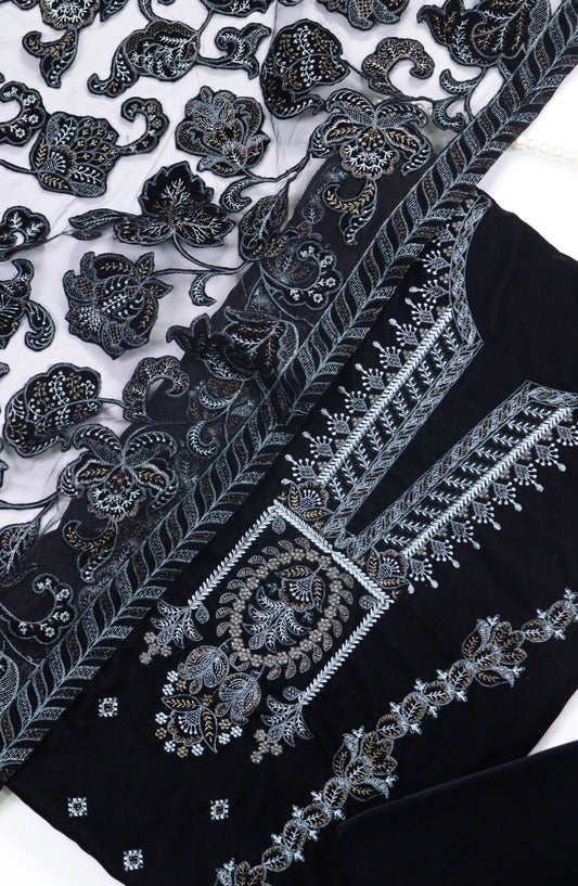 Amna Khadija Embroidered Net Velvet Unstitched 3 Piece Suit - 5203 - AM25NTV - Black - Winter Collection