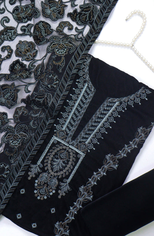 Amna Khadija Embroidered Net Velvet Unstitched 3 Piece Suit - 5203 - AM25NTV - Black - Winter Collection