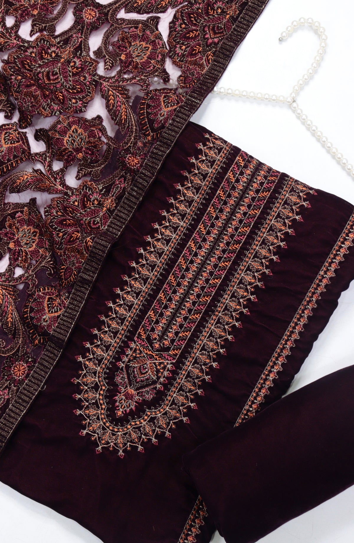 Amna Khadija Embroidered Net Velvet Unstitched 3 Piece Suit - Design-09 - AM25NTV - Maroon - Winter Collection