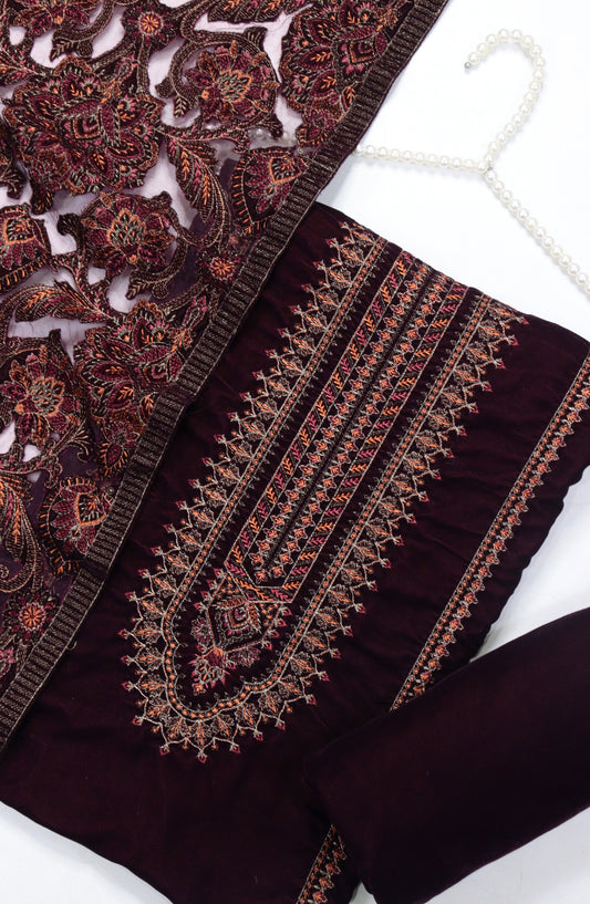 Amna Khadija Embroidered Net Velvet Unstitched 3 Piece Suit - Design-09 - AM25NTV - Maroon - Winter Collection