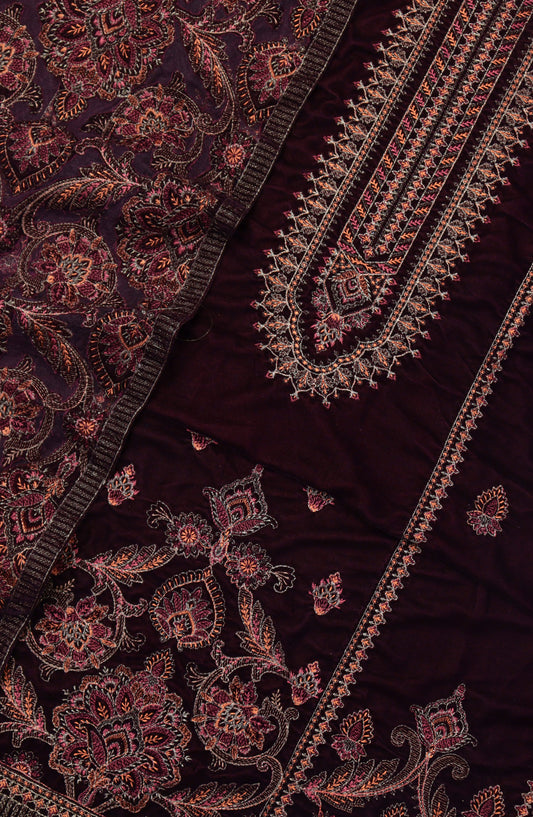 Amna Khadija Embroidered Net Velvet Unstitched 3 Piece Suit - Design-09 - AM25NTV - Maroon - Winter Collection