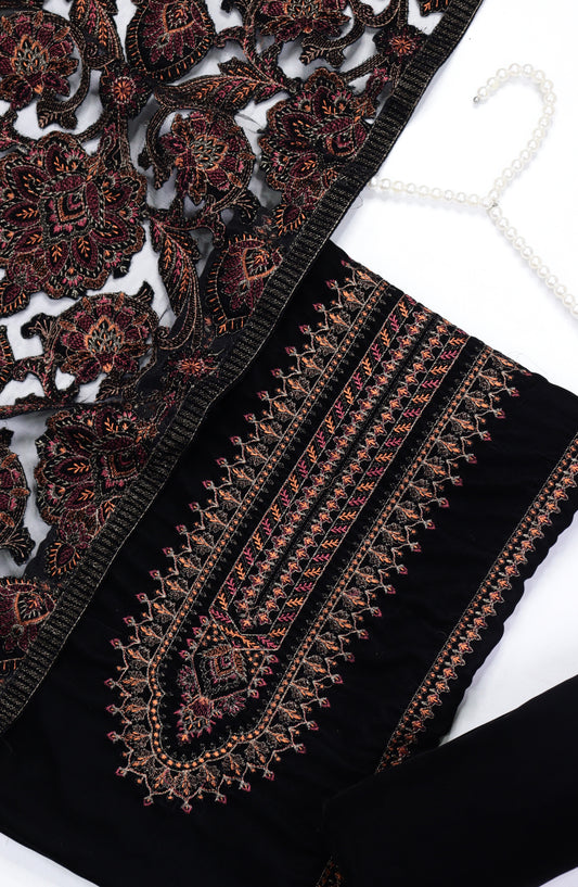 Amna Khadija Embroidered Net Velvet Unstitched 3 Piece Suit - Design-08 - AM25NTV - Black - Winter Collection