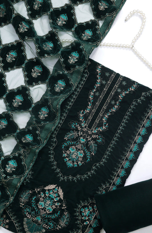 Amna Khadija Embroidered Net Velvet Unstitched 3 Piece Suit - 5206 - AM25NTV - Green - Winter Collection