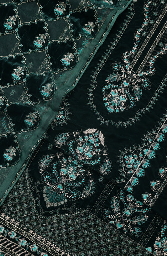 Amna Khadija Embroidered Net Velvet Unstitched 3 Piece Suit - 5206 - AM25NTV - Green - Winter Collection