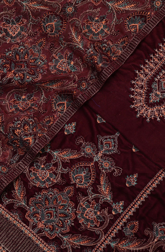 Amna Khadija Embroidered Net Velvet Unstitched 3 Piece Suit - Design-07 - AM25NTV - Red - Winter Collection