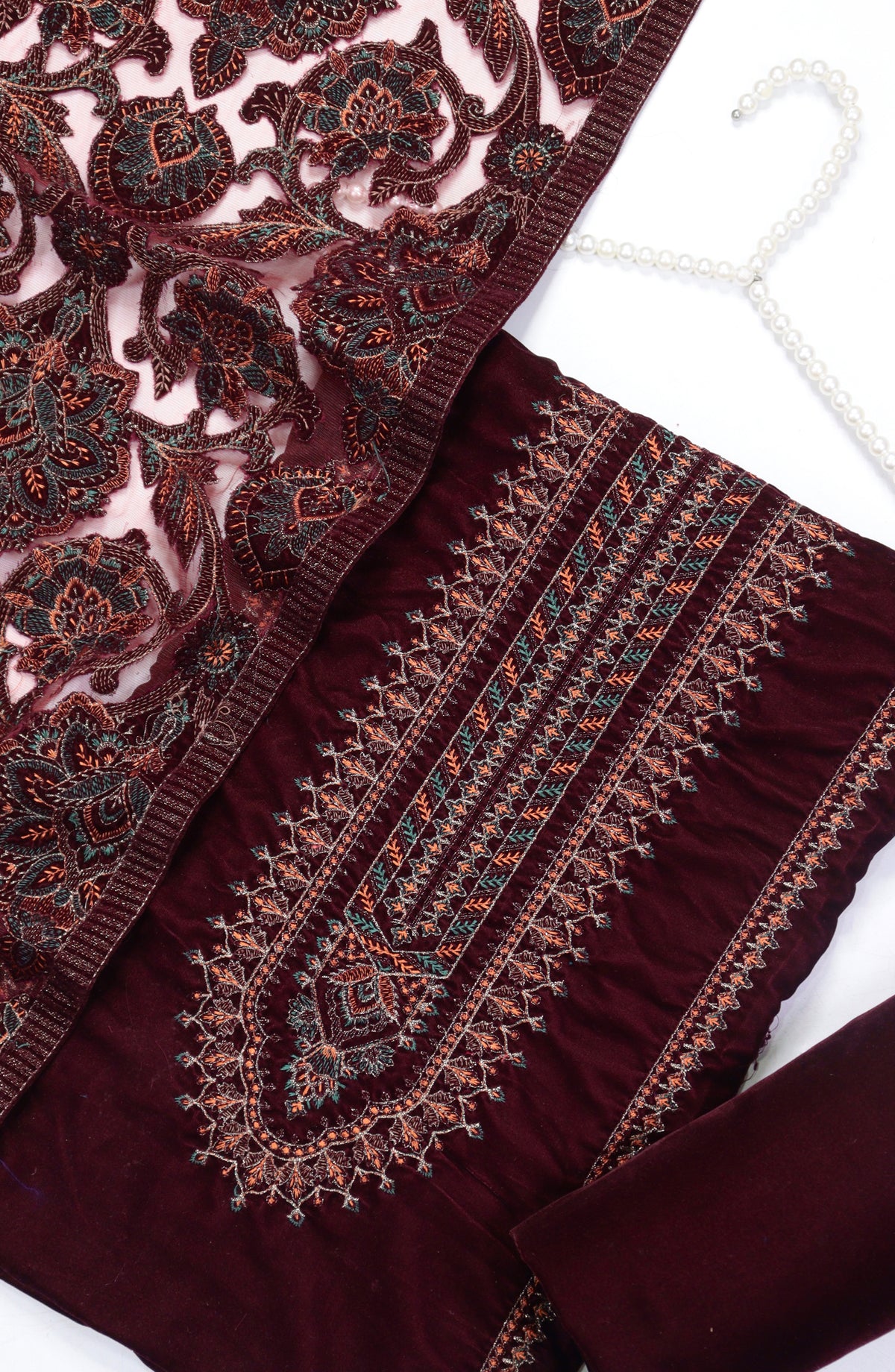 Amna Khadija Embroidered Net Velvet Unstitched 3 Piece Suit - Design-07 - AM25NTV - Red - Winter Collection