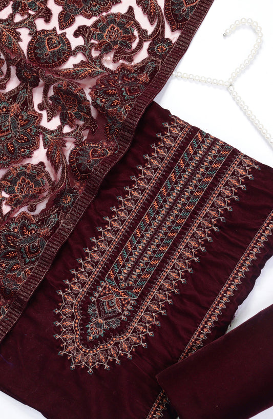Amna Khadija Embroidered Net Velvet Unstitched 3 Piece Suit - Design-07 - AM25NTV - Red - Winter Collection