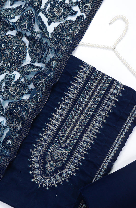 Amna Khadija Embroidered Net Velvet Unstitched 3 Piece Suit - Design-06 - AM25NTV - Blue - Winter Collection