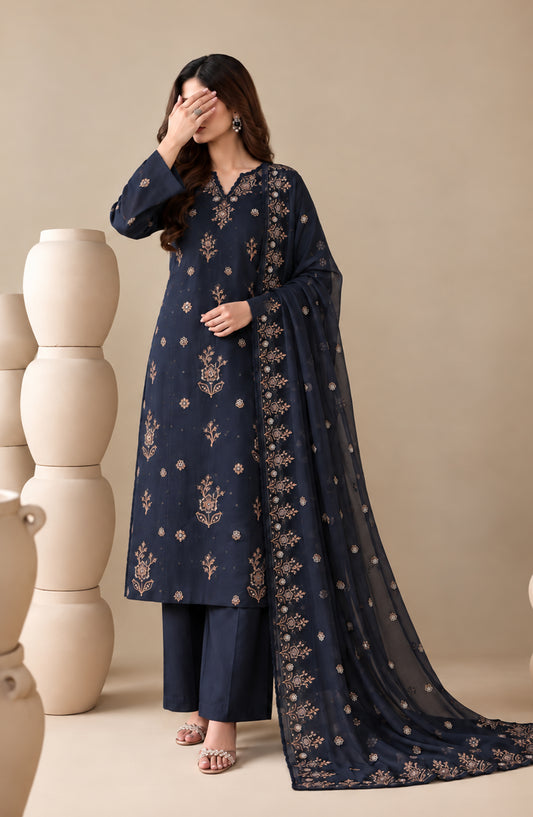 Amna Khadija Embroidered Raw Silk Unstitched 3 Piece Suit - D-03 - AM26RSK - Blue - Winter Collection
