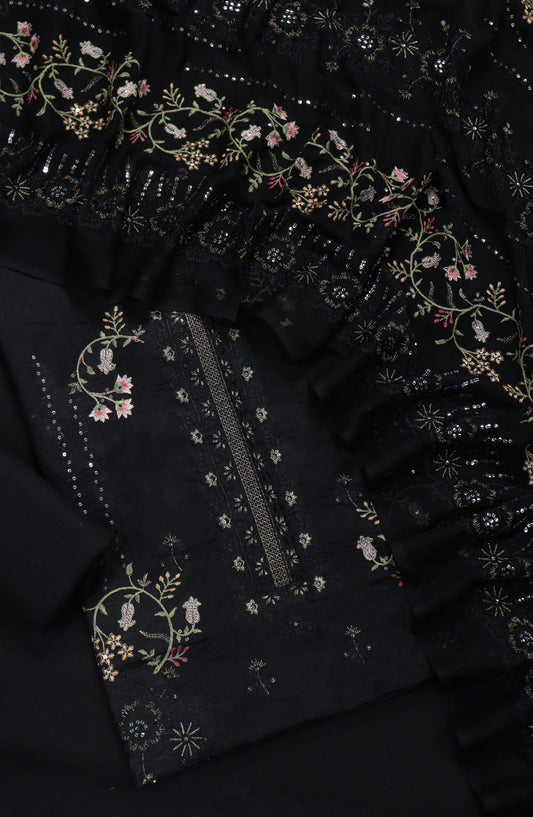 Amna Khadija Embroidered Slub Lawn Unstitched 3 Piece Suit - Design-11 - AM25SLUBL - Black - Luxury Collection