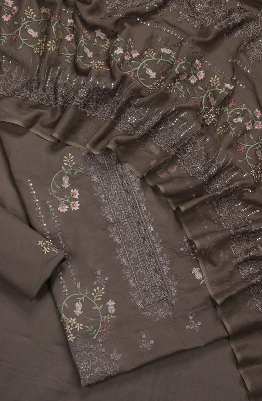 Amna Khadija Embroidered Slub Lawn Unstitched 3 Piece Suit - Design-10 - AM25SLUBL - Grey - Luxury Collection