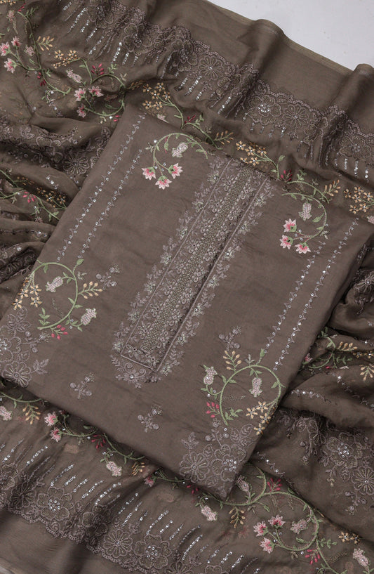 Amna Khadija Embroidered Slub Lawn Unstitched 3 Piece Suit - Design-10 - AM25SLUBL - Grey - Luxury Collection