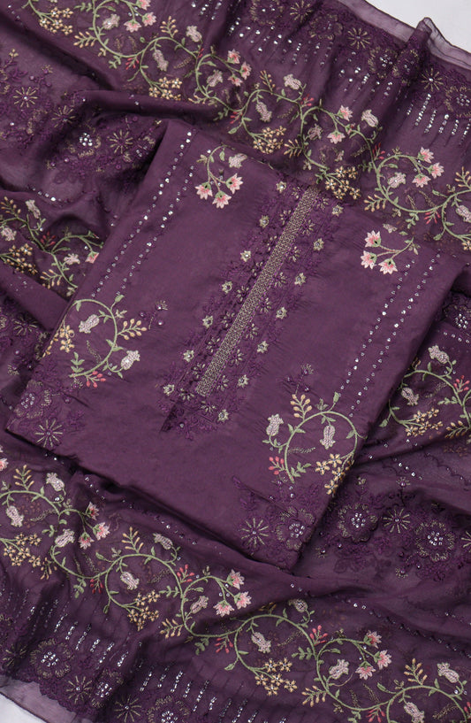 Amna Khadija Embroidered Slub Lawn Unstitched 3 Piece Suit - Design-09 - AM25SLUBL - Purple - Luxury Collection