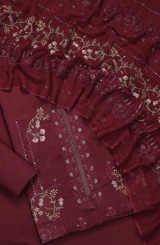 Amna Khadija Embroidered Slub Lawn Unstitched 3 Piece Suit - Design-08 - AM25SLUBL - Maroon - Luxury Collection