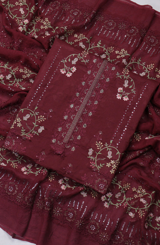 Amna Khadija Embroidered Slub Lawn Unstitched 3 Piece Suit - Design-08 - AM25SLUBL - Maroon - Luxury Collection