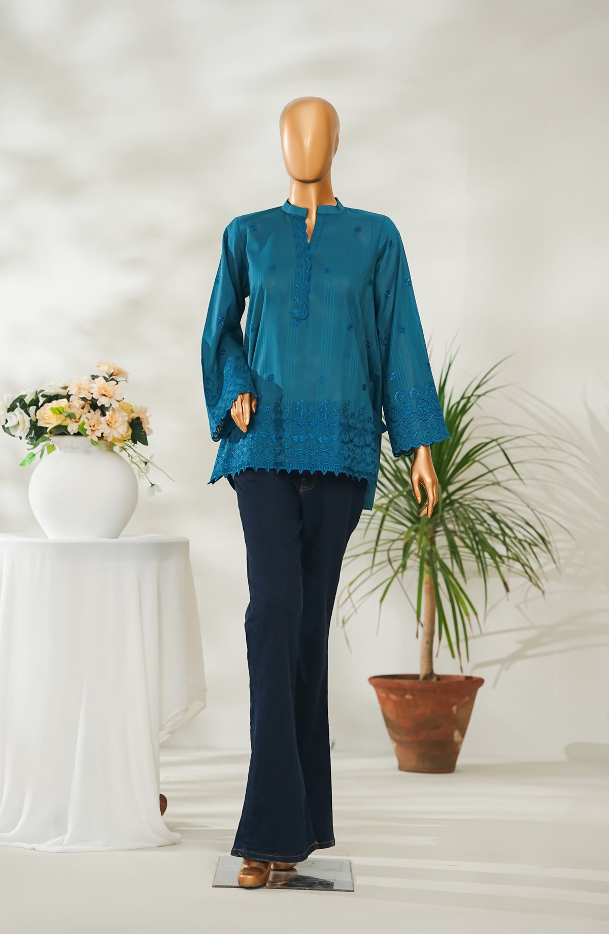 Amna Khadija Urban Fusion Embroidered Dobby Cambric Slub Stitched Western Top - UFWT-11 - AM26UFWT - Blue - Casual Collection