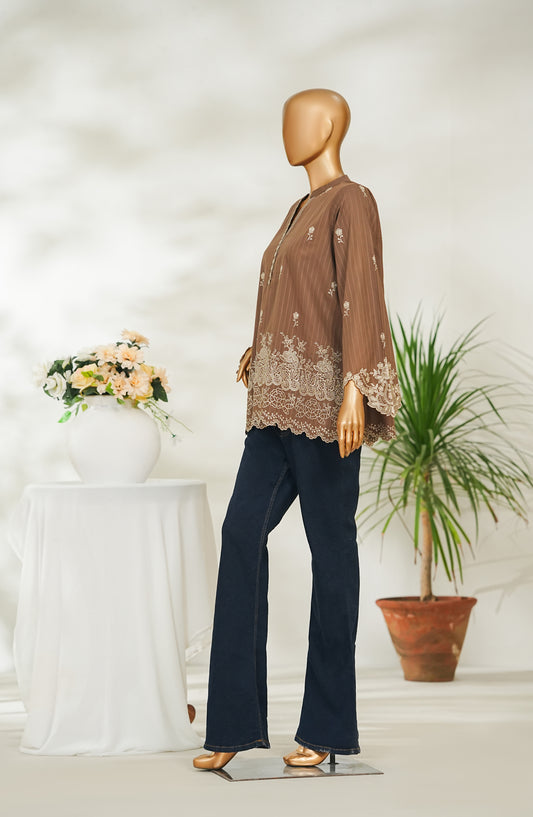Amna Khadija Urban Fusion Embroidered Dobby Cambric Slub Stitched Western Top - UFWT-13 - AM26UFWT - Brown - Casual Collection