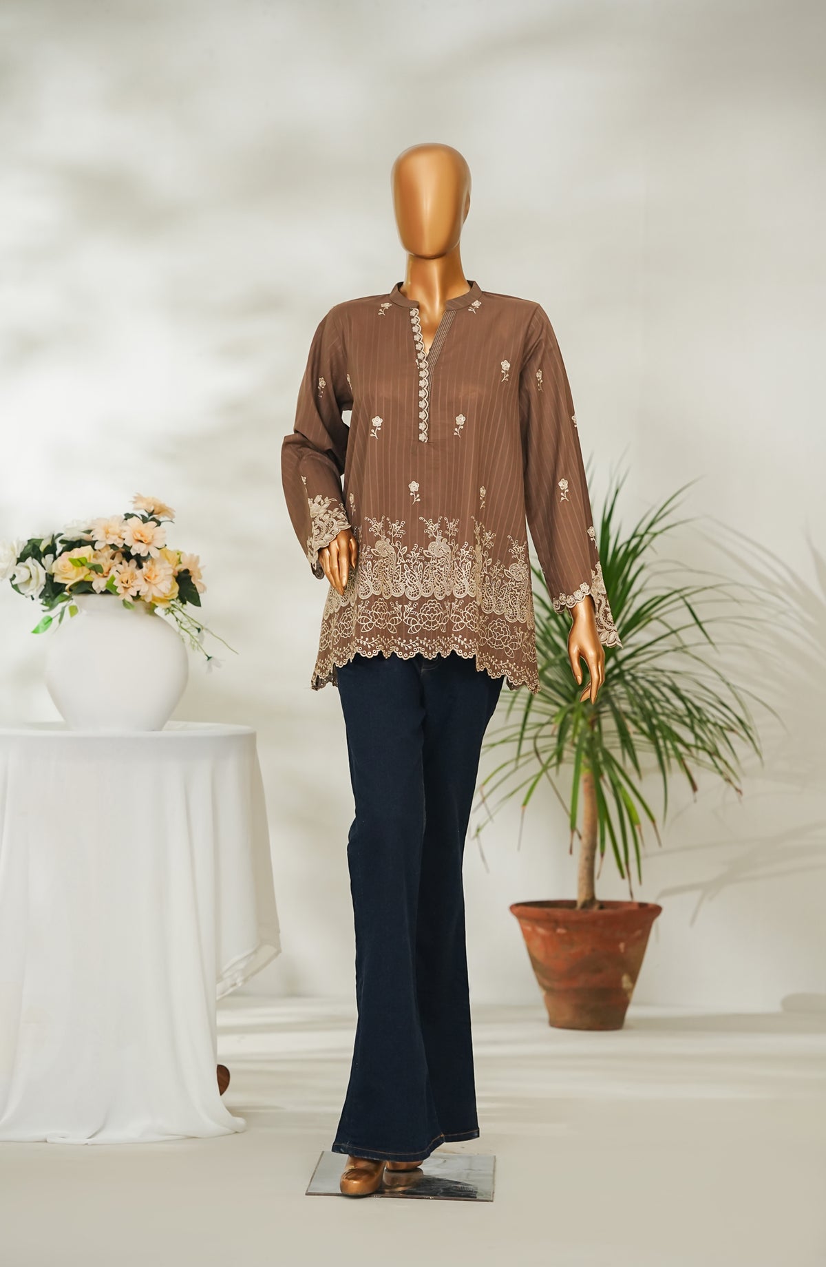 Amna Khadija Urban Fusion Embroidered Dobby Cambric Slub Stitched Western Top - UFWT-13 - AM26UFWT - Brown - Casual Collection