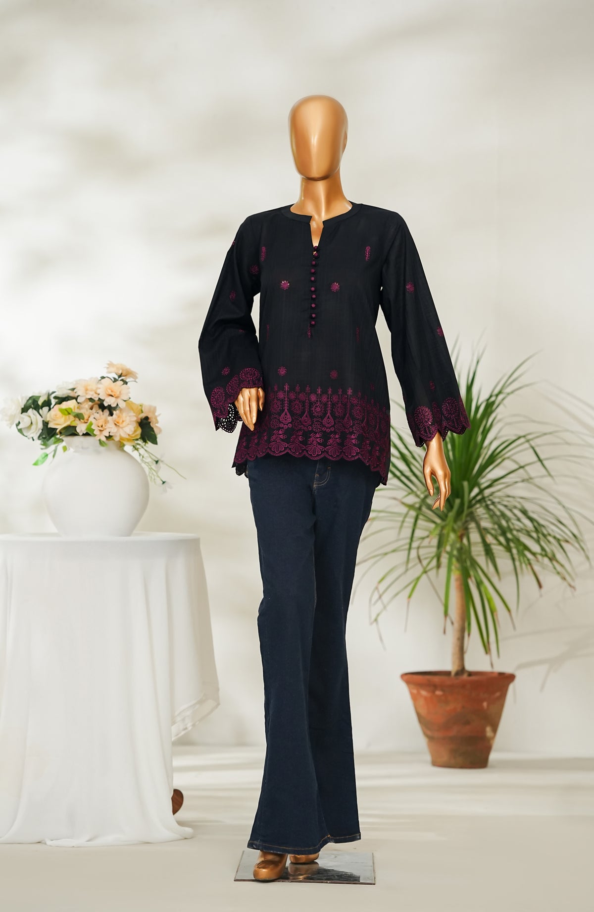 Amna Khadija Urban Fusion Embroidered Dobby Cambric Slub Stitched Western Top - UFWT-15 - AM26UFWT - Black - Casual Collection