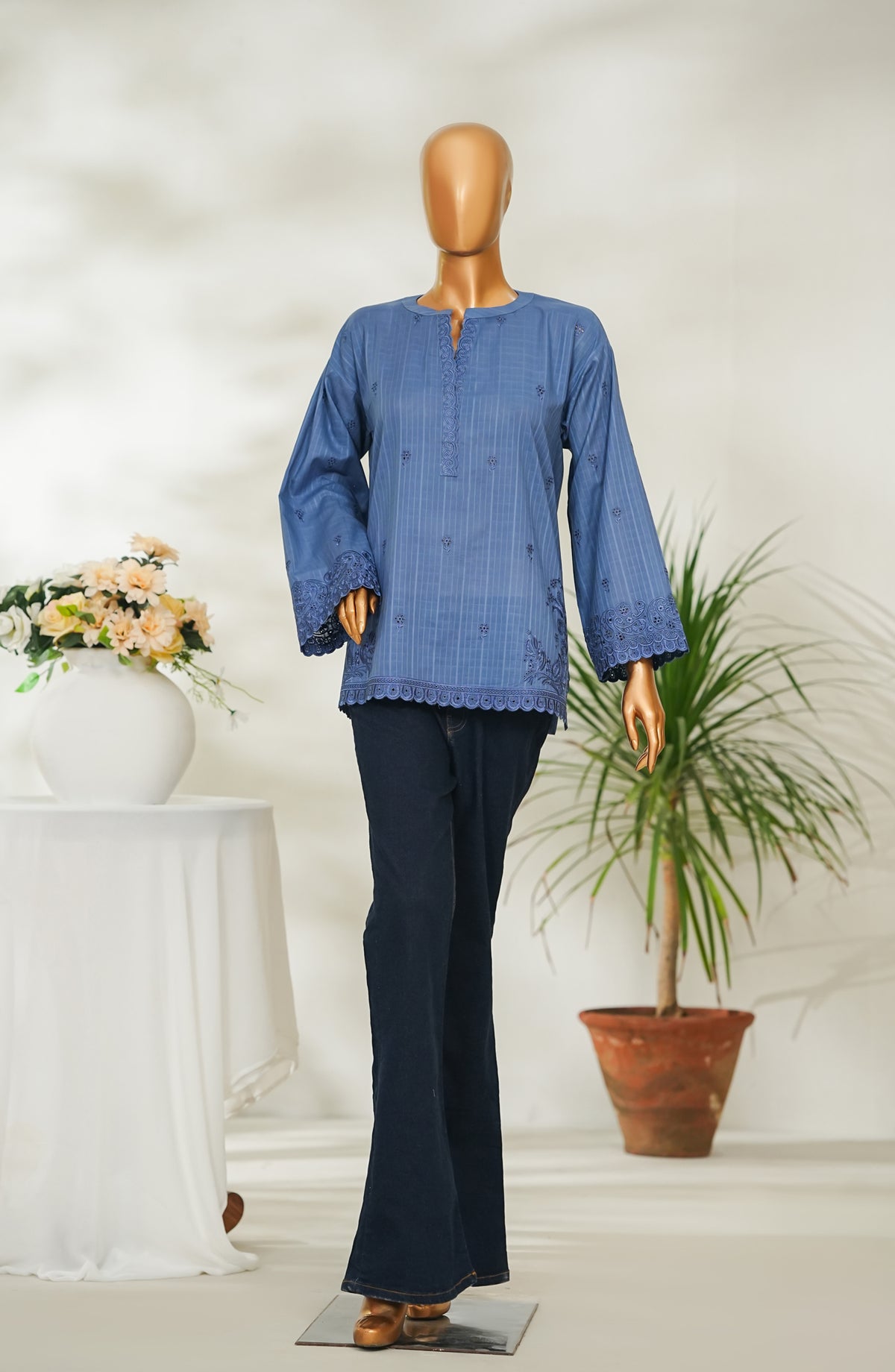 Amna Khadija Urban Fusion Embroidered Dobby Cambric Slub Stitched Western Top - UFWT-18 - AM26UFWT - Blue - Casual Collection