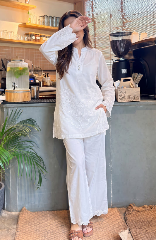 Amna Khadija White Luxe Embroidered Cotton Stitched 2 Piece Co-ord Set - AKWL-07 - AM26WLX - White - Summer Collection