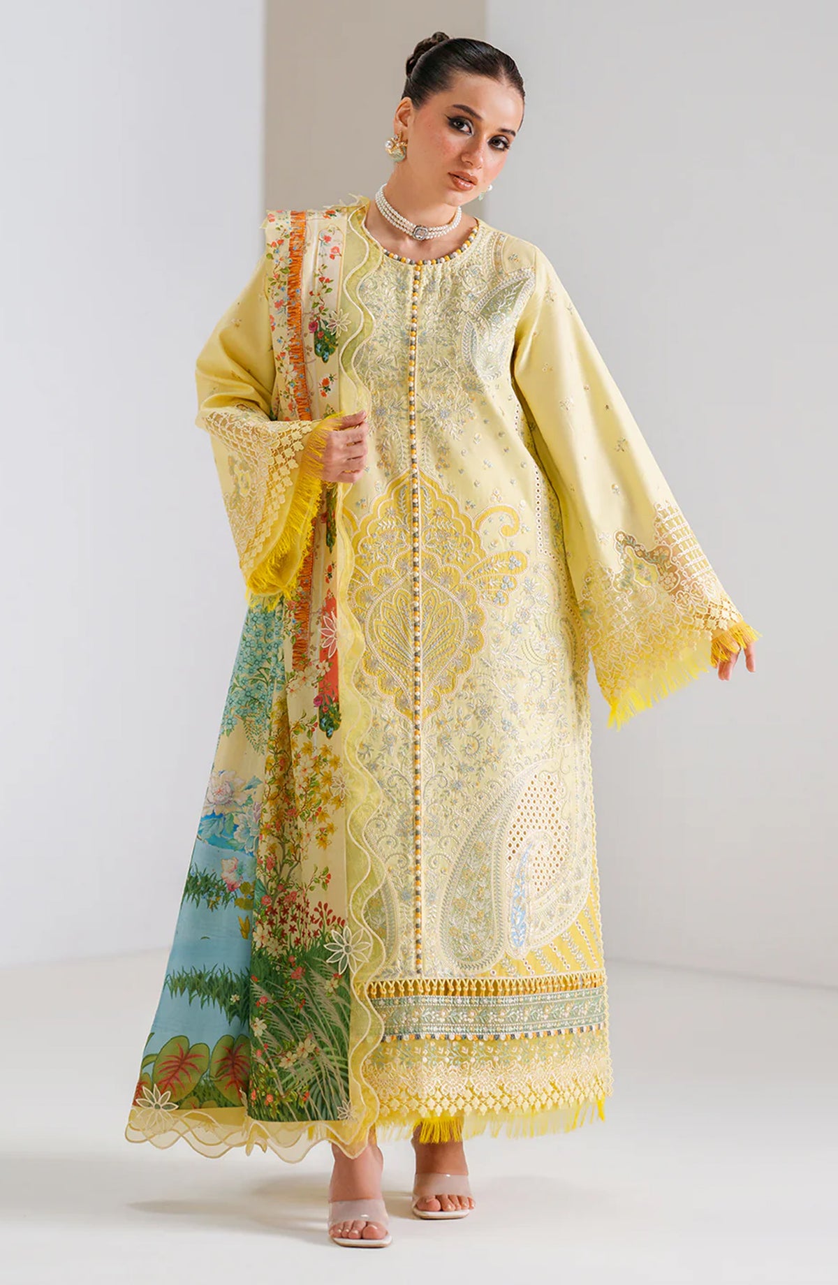 Amour by Bin Ilyas Embroidered Lawn Unstitched 3 Piece Suit - D-187-B - BL26AMR - Yellow - Summer Collection
