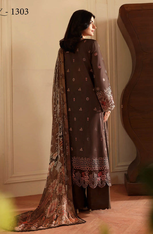 Andaaz by Ramsha Luxury Embroidered Lawn Unstitched 3 Piece Suit - Z-1303 - RM26AND - Brown - Summer Collection