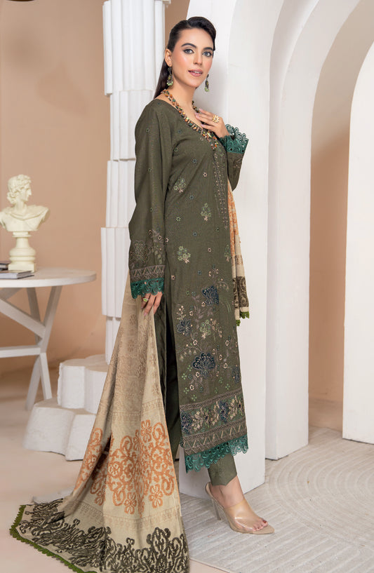 Aneeqa by Riaz Arts Embroidered Peach Leather Unstitched 3 Piece Suit - Design-4 - RA25AQA - Green - Winter Collection