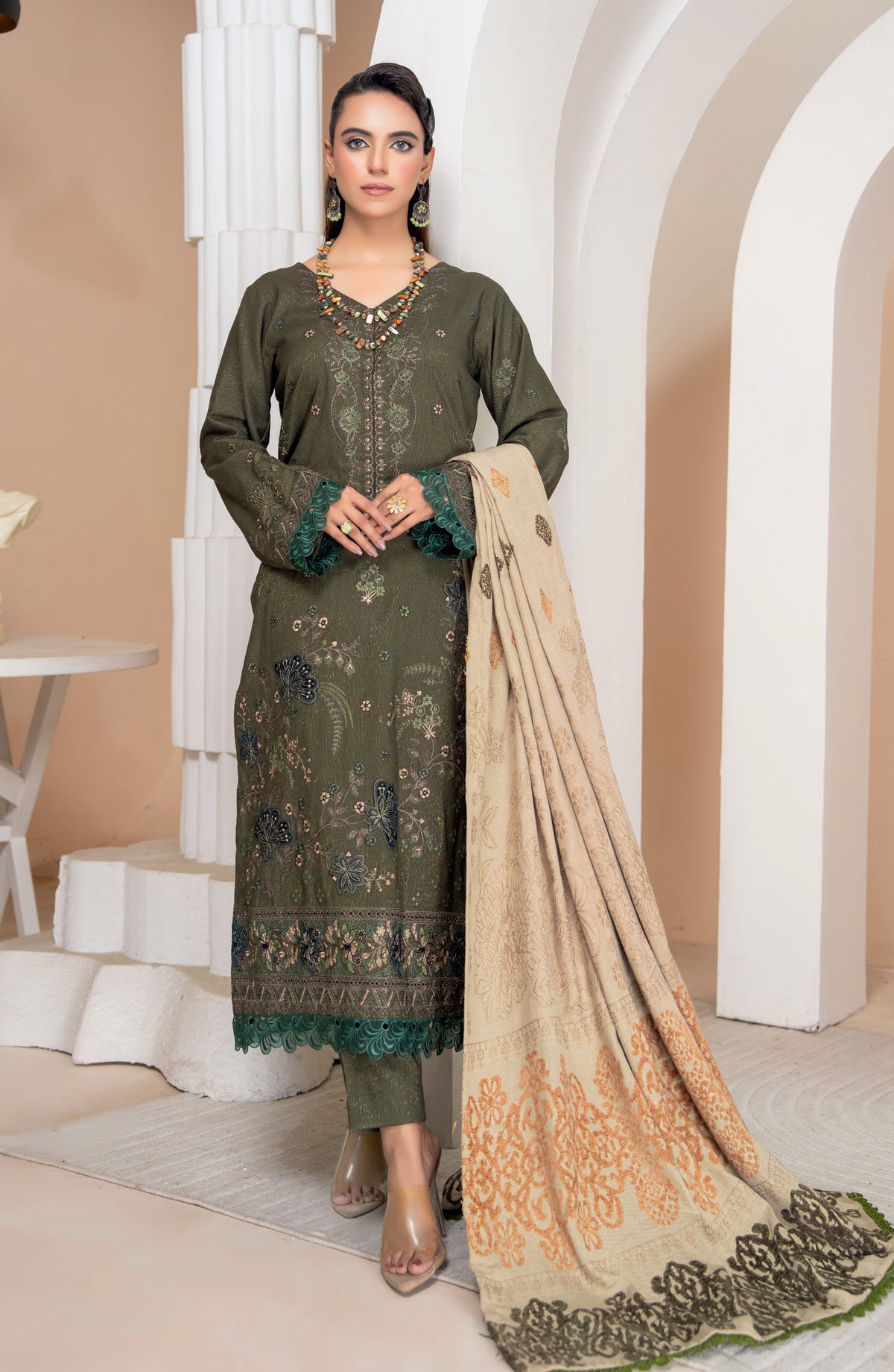 Aneeqa by Riaz Arts Embroidered Peach Leather Unstitched 3 Piece Suit - Design-4 - RA25AQA - Green - Winter Collection