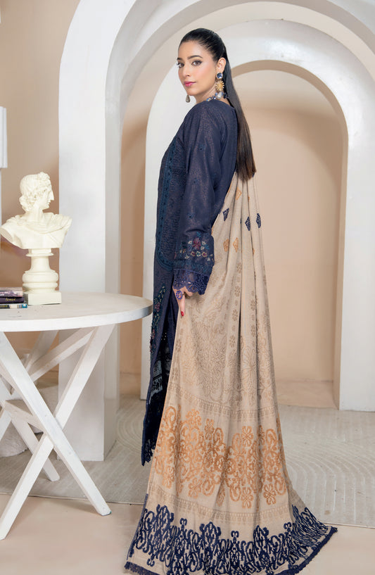 Aneeqa by Riaz Arts Embroidered Peach Leather Unstitched 3 Piece Suit - Design-2 - RA25AQA - Blue - Winter Collection