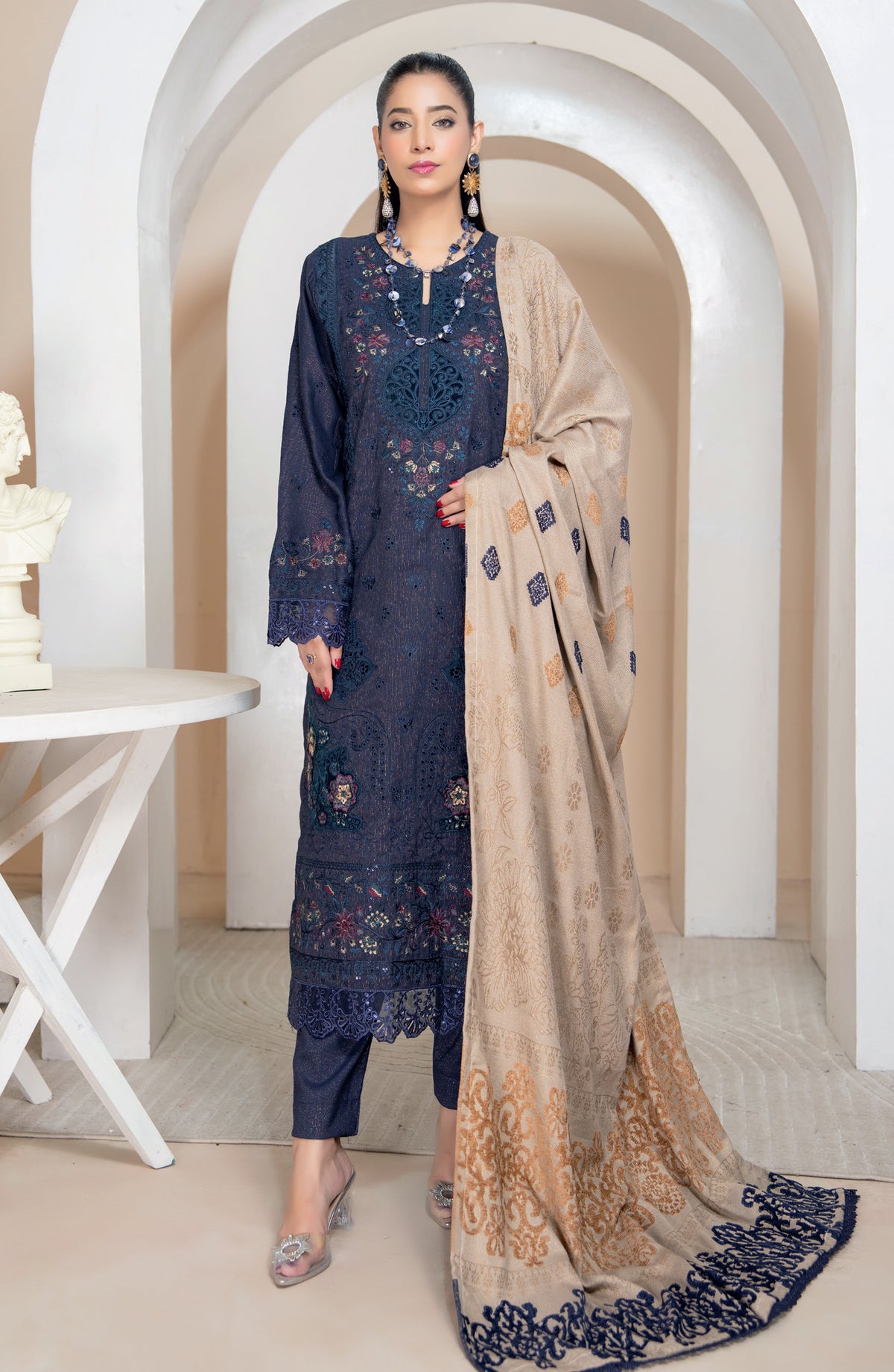 Aneeqa by Riaz Arts Embroidered Peach Leather Unstitched 3 Piece Suit - Design-2 - RA25AQA - Blue - Winter Collection