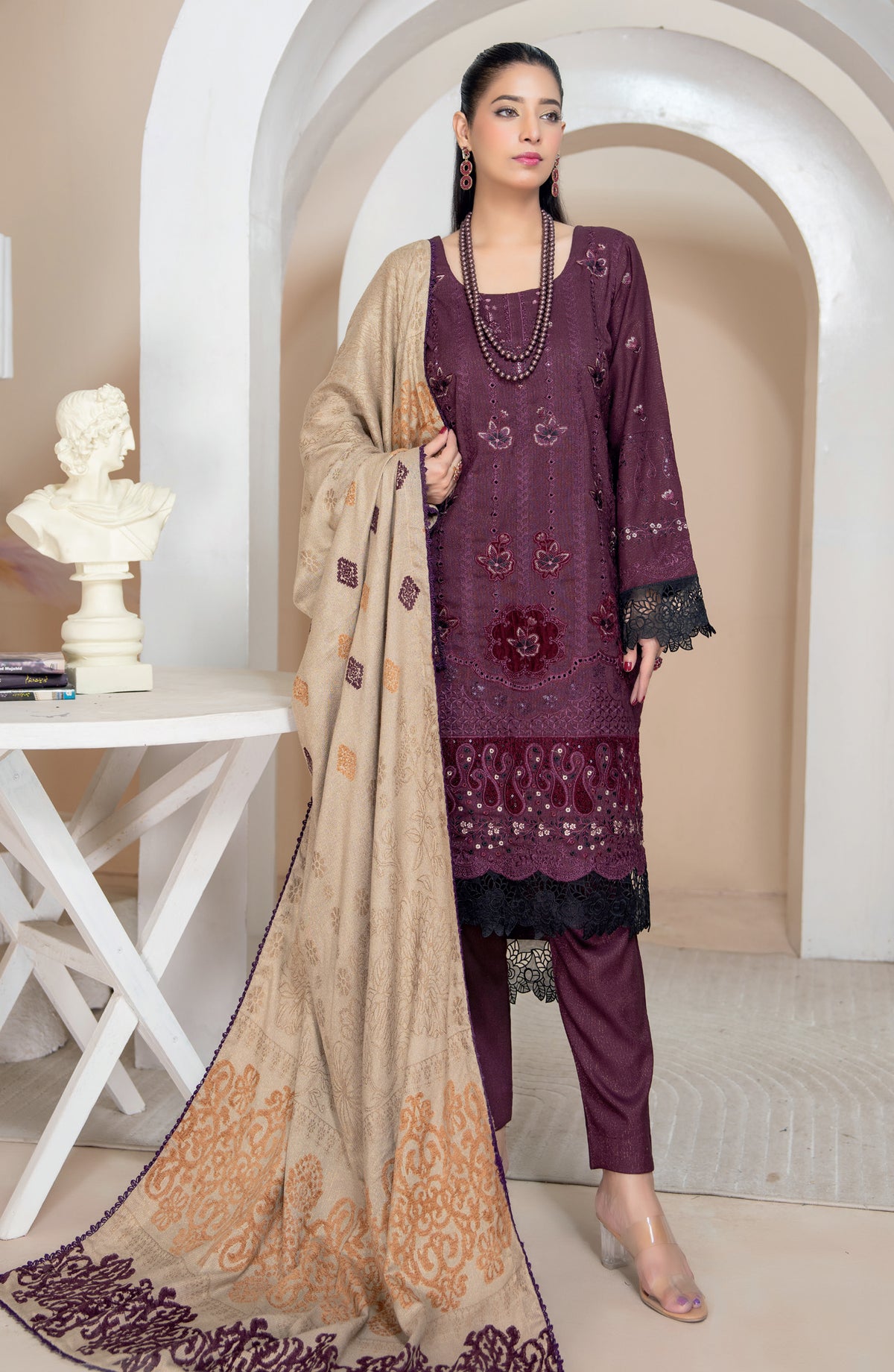 Aneeqa by Riaz Arts Embroidered Peach Leather Unstitched 3 Piece Suit - Design-1 - RA25AQA - Purple - Winter Collection