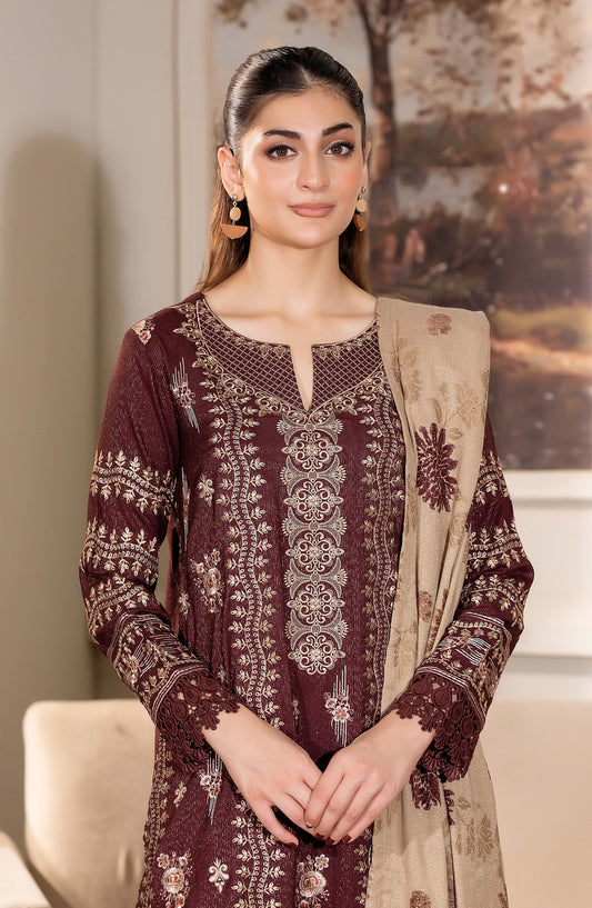 Aneeza by Johra Fancy Embroidered Peach Leather Unstitched 3 Piece Suit - JW-442 - JH25ANZA - Maroon - Winter Collection