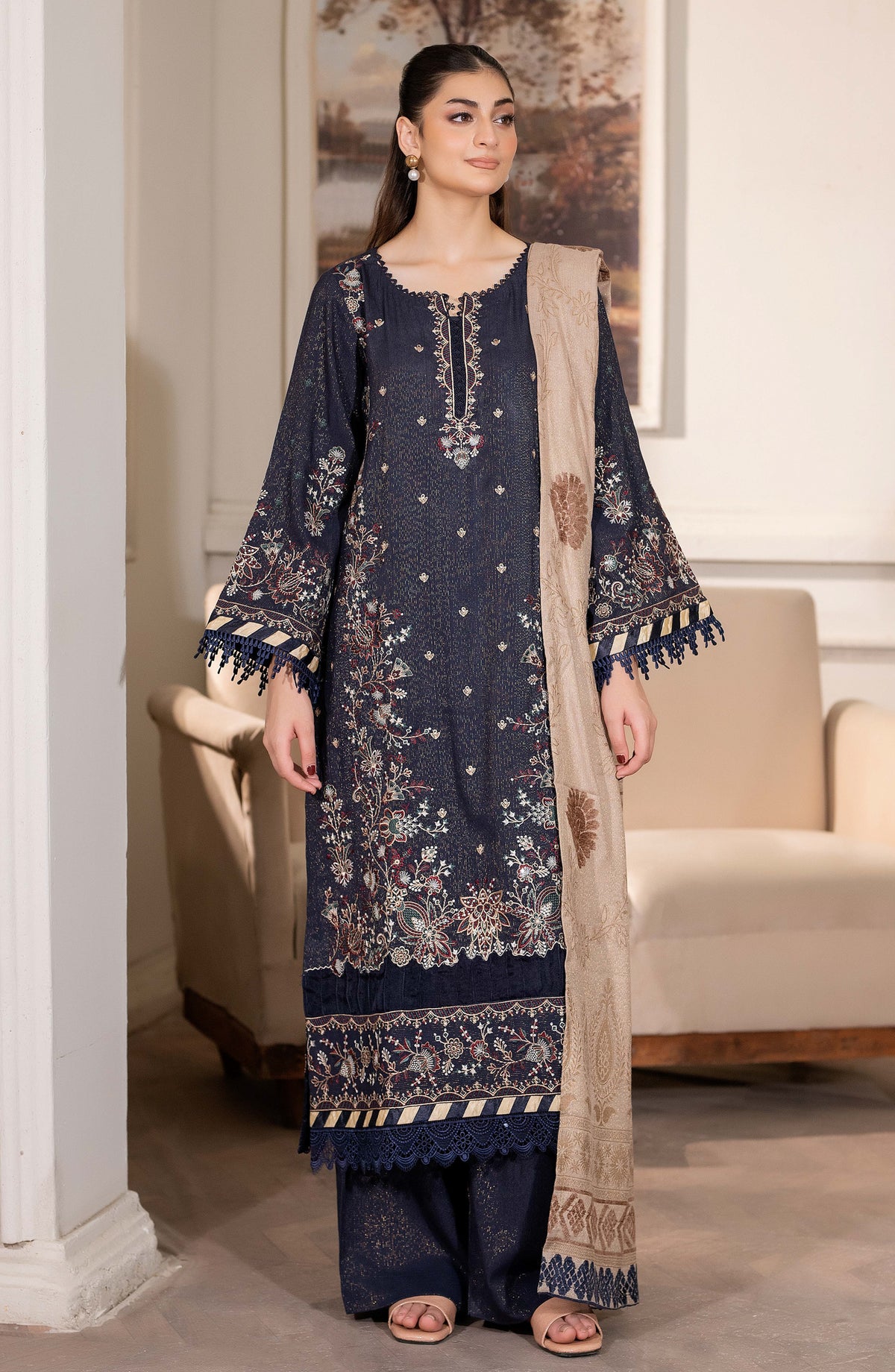 Aneeza by Johra Fancy Embroidered Peach Leather Unstitched 3 Piece Suit - JW-441 - JH25ANZA - Blue - Winter Collection