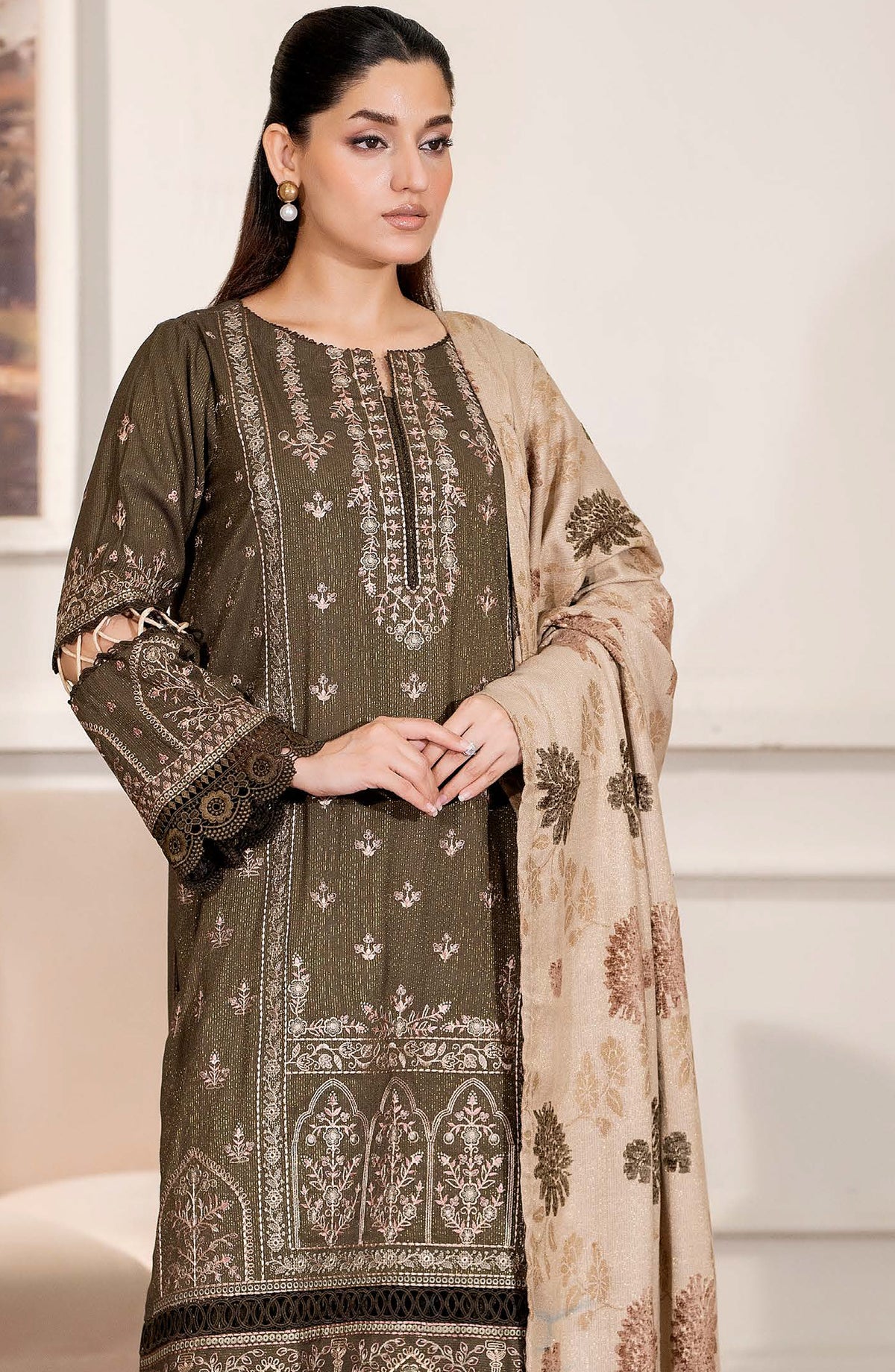 Aneeza by Johra Fancy Embroidered Peach Leather Unstitched 3 Piece Suit - JW-440 - JH25ANZA - Green - Winter Collection