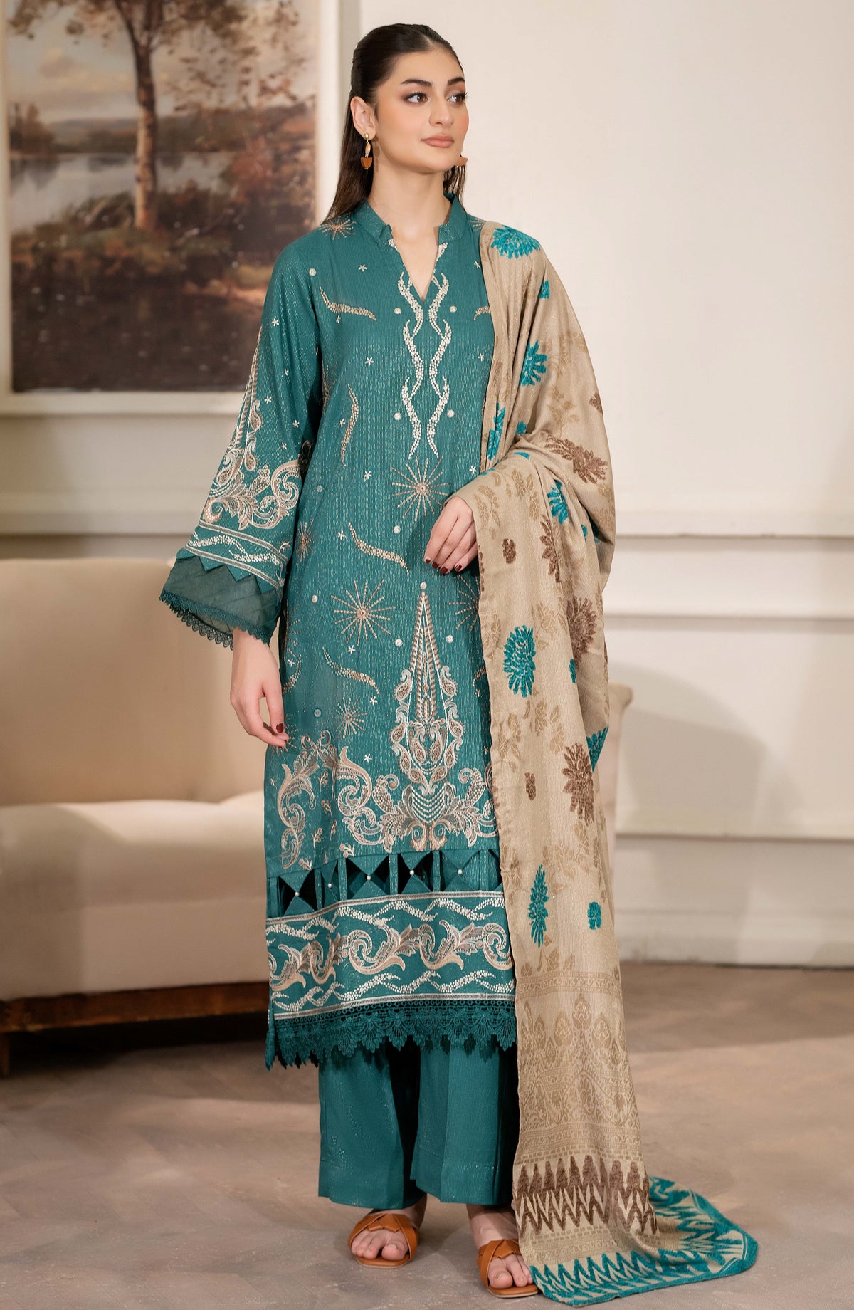 Aneeza by Johra Fancy Embroidered Peach Leather Unstitched 3 Piece Suit - JW-439 - JH25ANZA - Teal - Winter Collection